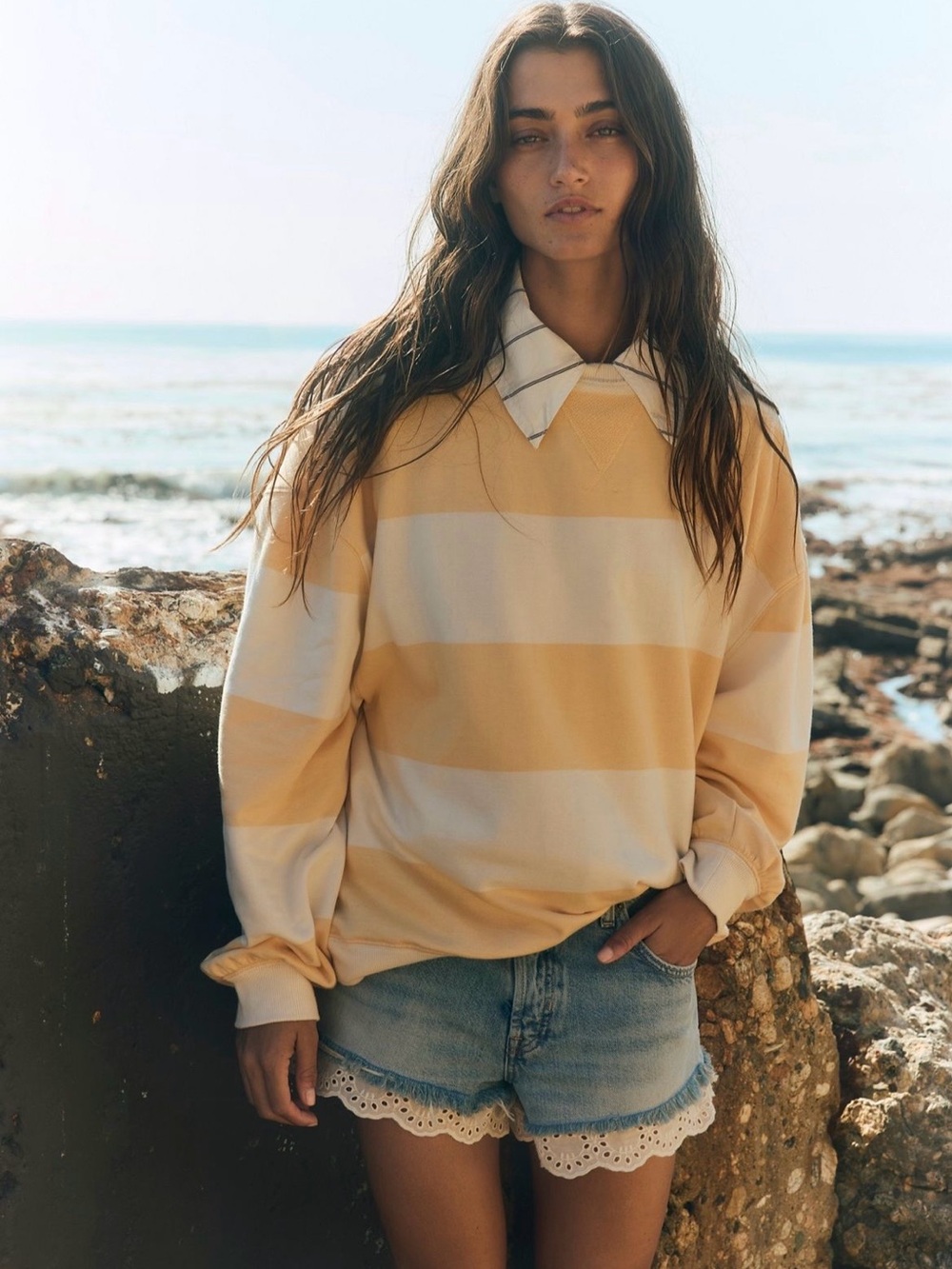 NWOT We The Free Classic Striped Oversized Crewneck in Apricot Combo